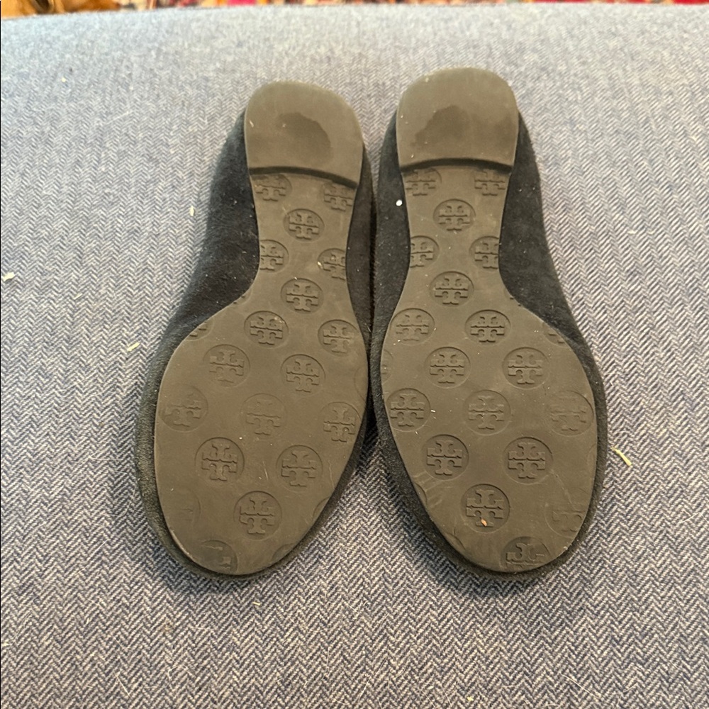 Tory Burch Black Suede Logo Round-Toe Ballet Flats with Gold Emblems - Picture 2 of 2